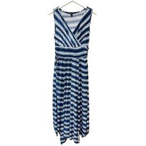 Vacation Euro Summer Blue White Ombre V-Neck Sleeveless Wrap Maxi Dress Size M